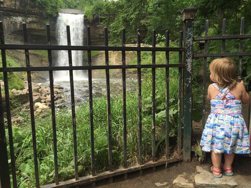 A toddler girls holds onto a metal fence, while looking through the bars at the towering Minnehaha falls in Minneapolis.