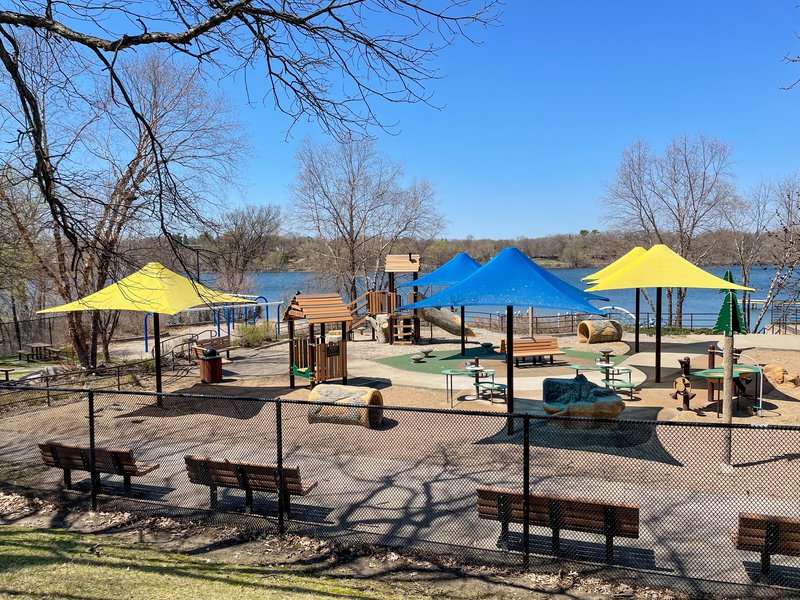 An overhead view of the charming waterfront playground at Shady Oak Beach.